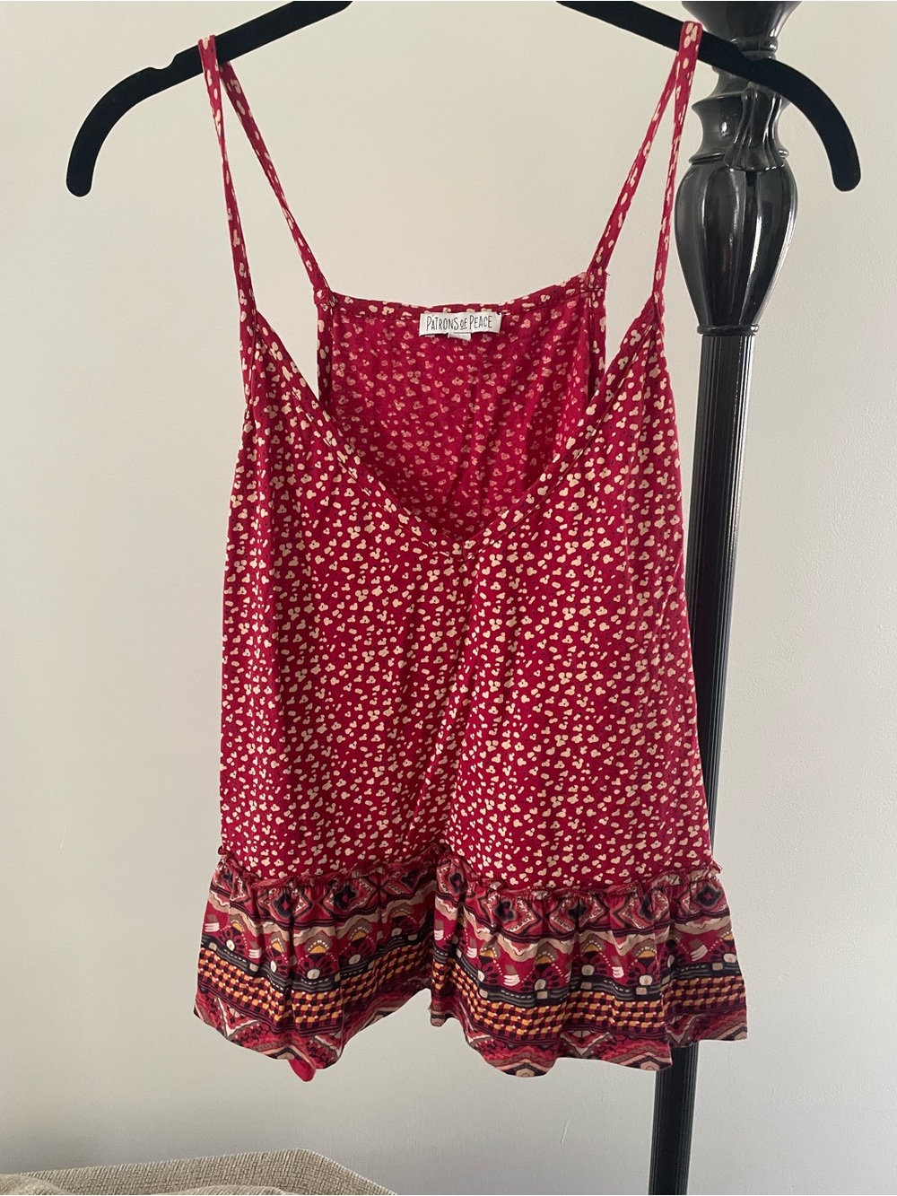 Patrons of Peace Red Printed Spaghetti-Strap Camisole with Decorative Hem